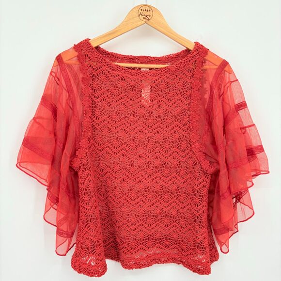 Free People Crochet Lace Angel Sleeve Blouse in Orange New Romantics Sz XS, Boho - Picture 1 of 9